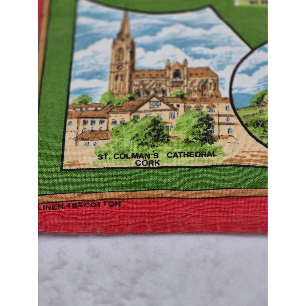 Cathedrals of Ireland & Churches Tea Towel Green Red Border Cotton